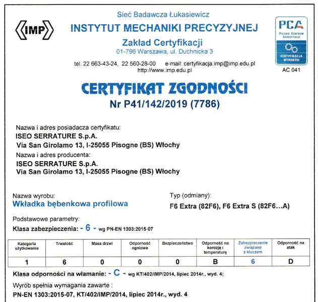 Wkładka bębenkowa jednostronna F6 Extra - certyfikat IMP